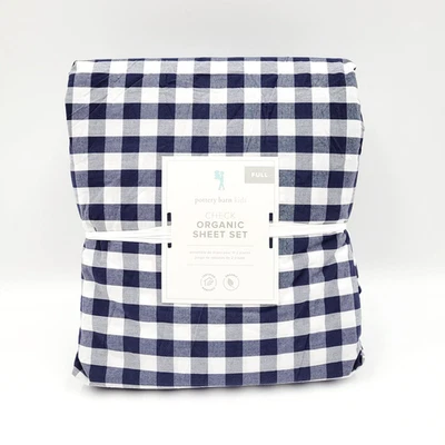 Pottery Barn 儿童格子有机床单套装全海军蓝方格新品 — 第 1/2 张图片