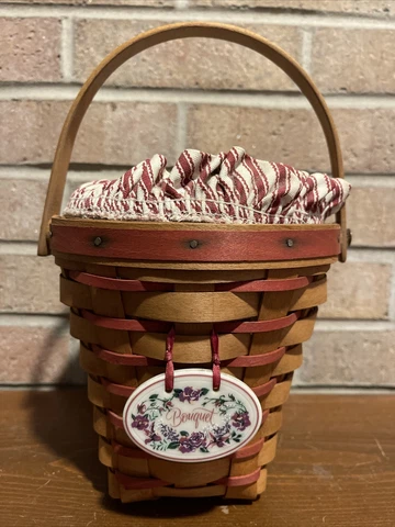 Vintage 1996 Longaberger Woven Wood Basket Bouquet Ceramic Tag Liner and Cloth Cover
