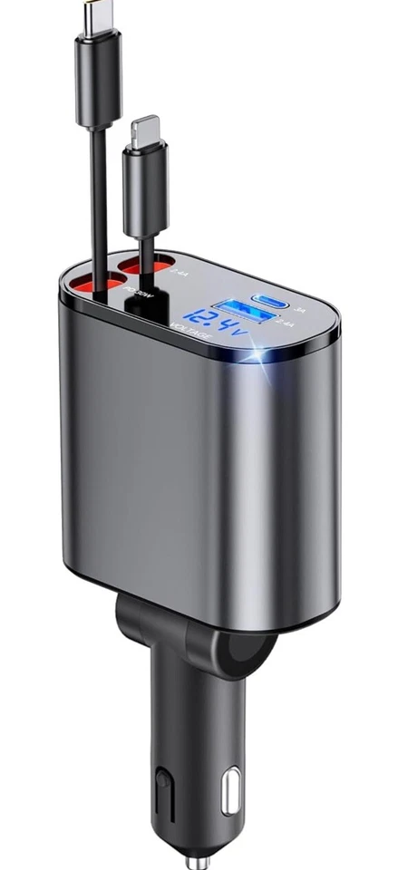 Cargador de coche retráctil 4 en 1 doble puerto USB C cable PD adaptador de carga rápida EE. UU. Foto 1 de 4