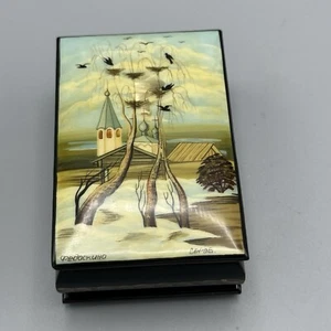 Russian Lacquer Trinket Box The Rooks Have Returned Mother of Pearl Inlay Signed - Picture 1 of 10