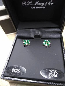 Macy's Emerald & White Topaz Flower STud Earrings in 10k Gold MSRP $325 - Picture 1 of 7