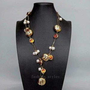 Freshwater Cultured White Biwa Pearl Brown Murano Glass Chain Pearl Necklace 21" - Picture 1 of 23