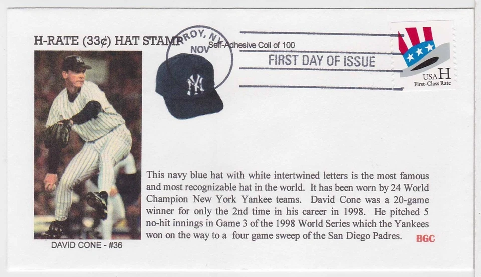 TurtlesTradingPost- Baseball Caps-David Cone #3260- 1998 FDC- BGC Cachet - Image 1 of 1