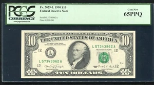 FR 2029-L 1990 $10 FRN FEDERAL RESERVE NOTE SAN FRANCISCO, CA PCGS GEM UNC-65PPQ - Picture 1 of 2