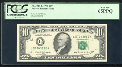 FR 2029-L 1990 $10 FRN FEDERAL RESERVE NOTE SAN FRANCISCO, CA PCGS GEM UNC-65PPQ - Image 1 of 2