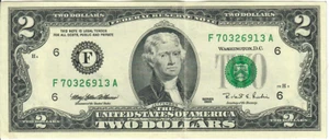 1995 2$ Federal Reserve Note - Green Seal - MEW/RER F70326913A - #13690 - Picture 1 of 2