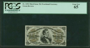 U.S. 1864-69 25 CENTS FRACTIONAL CURRENCY FR-1294 CERTIFIED BY PCGS GEM NEW 65 - Picture 1 of 2