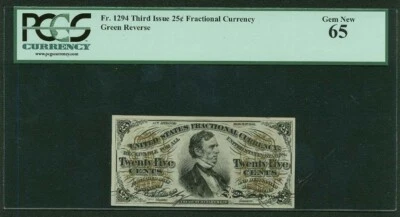 U.S. 1864-69 25 CENTS FRACTIONAL CURRENCY FR-1294 CERTIFIED BY PCGS GEM NEW 65 - Image 1 of 2