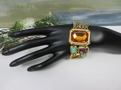 CLB NYC Goldtone Stone Bracelet Multicolor Crystal Chain Style Fold Clasp NWT - Image 1 of 4