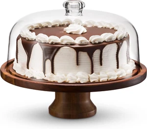 Footed Cake Plate, Acacia Wood and Shaterproof Acrylic Lid, Cake Stand with Dome - Picture 1 of 6