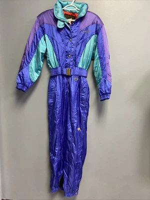 Womens Descente Ski Suit One Piece Snowsuit 10 Purple Green Blue Apres Vintage - Image 1 of 4