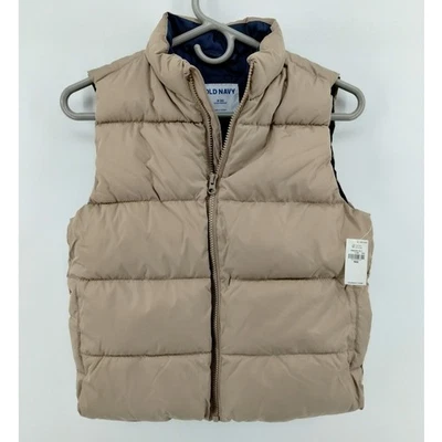 NWT Old Navy Frost Free Puffer Vest Water Resistant Boys Medium 8 Tan Blue Zip - Image 1 of 4