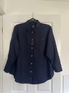 M&S WOMENS PURE LINEN NAVY BLUE OVERSIZED SHIRT BLOUSE OVERSHIRT Size 16 BNwt - Picture 1 of 10