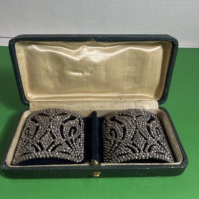Antique Pr Victorian Cut Steel Shoe Buckles Clips Made In France Original Box - Image 1 of 4