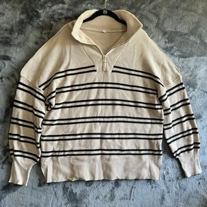 Lillusory Women’s Quarter Zip Oversize Boxy Sweater Black Stripe Tan Sz M NWOT - Picture 1 of 10