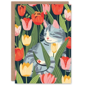 Graue Katze Unter Tulpenblumen Frau Karte mit Katzenmotiv Geburtstagskarte - Bild 1 von 6
