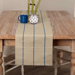 Lauren Steel Blue 90" TABLE RUNNER COUNTRY Cottage Striped Cotton/Linen - Picture 1 of 4