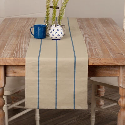Lauren Steel Blue 90" TABLE RUNNER COUNTRY Cottage Striped Cotton/Linen - Image 1 of 4
