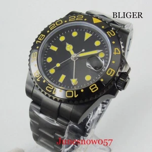 PVD Automatic Men Watch GMT Function Date Function Sapphire Glass Yellow Markers - Picture 1 of 7