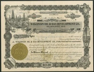 USA: Wisconsin Oil & Gas Development Co., $ 15 Aktien, 1918 - Bild 1 von 1