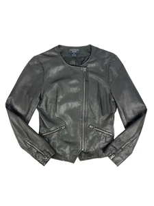 Giacca Moto Pieghevole Donna Lucky Brand Pelle di Agnello Nera Taglia Media - Foto 1 di 10
