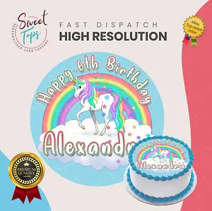 UNICORN ROUND PERSONALISED EDIBLE BIRTHDAY CAKE TOPPER DECORATION - Picture 1 of 1
