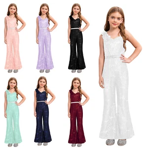 Kids Girls~Shiny Jumpsuit Sequins Long Leg Pants Sleeveless Formal Romper Gowns - Picture 1 of 74