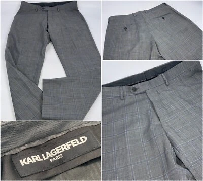 Pantalones Karl Lagerfeld 34x31 Gris Lana a Cuadros Poli Frente Plano Usados Una Vez YGI J2-205 Foto 1 de 4