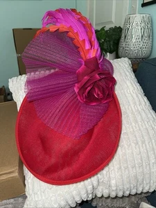 Custom Red & Purple Fascinator With Red Rose,  Feathers With Tull. - Picture 1 of 7