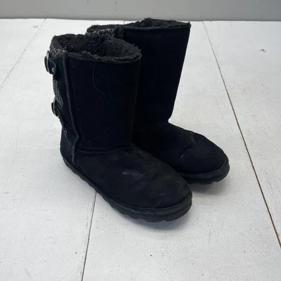 Bearpaw Boots Womens Black Suede Knit Back Buckle Winter Fur Lined Snow Mid Calf - Image 1 of 4