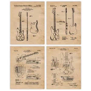 Classic Electric Bass Guitar Patent Prints, 4 (8x10) Art Decor Home Work Office - Picture 1 of 10