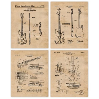 Classic Electric Bass Guitar Patent Prints, 4 (8x10) Art Decor Home Work Office - Image 1 of 4