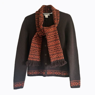 Cardigã suéter vintage Jillian Jones conjunto de cachecol M Fair Isle lã de cordeiro café expresso - Imagem 1 de 4