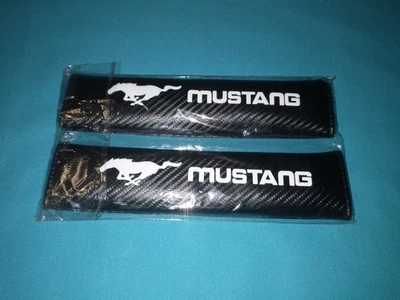 PAIR of BLACK & WHITE MUSTANG CARBON FIBER SEAT BELT COVERS Shoulder Pad Cushion - Image 1 of 2