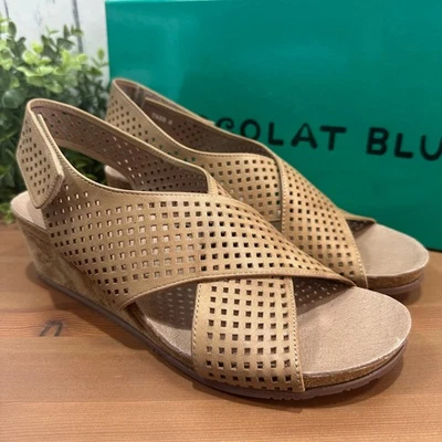 Sandalias de cuña Theo de cuero azul chocolate para mujer talla 9 Foto 1 de 4
