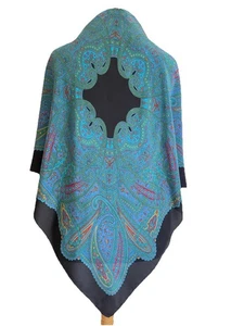 Bufanda de seda vintage azul turquesa cachemira en cuadrado negro #A122 - Imagen 1 de 3