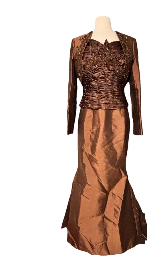 Terani Couture Brown Beaded 100% Silk Sz 14 Bolero Jacket Mother of Bride Formal - Image 1 of 4
