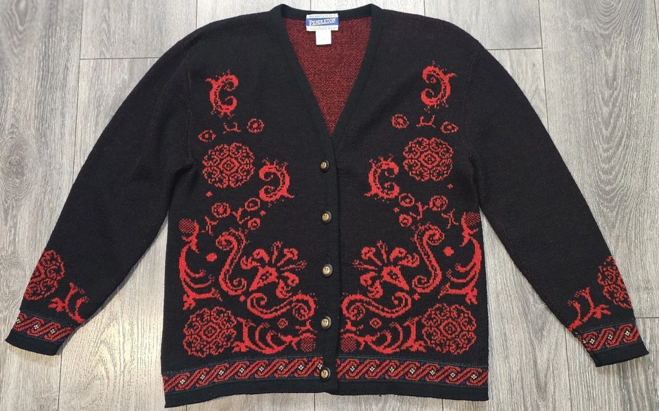 Cárdigan suéter vintage Pendleton 100 % lana virgen abotonada negro rojo para mujer M Foto 1 de 4