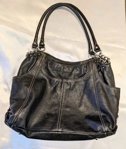 Tignanello Black Leather Silver Chain Accent Shoulder Bag Handbag Double Handles - Picture 1 of 8