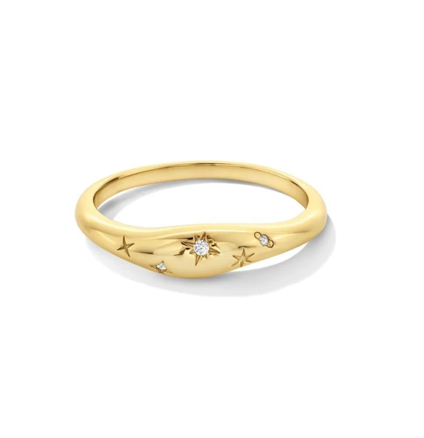 Anillo Celestial Diamante Natural, Anillo Cúpula Estrella Pinky Dedo Banda Oro Amarillo 14k Foto 1 de 4