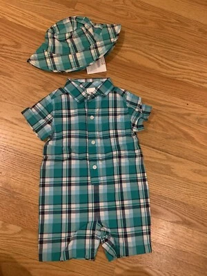 Gymboree Baby Boy 6-12m Plaid Shortall & Sun Hat NWT - Image 1 of 4