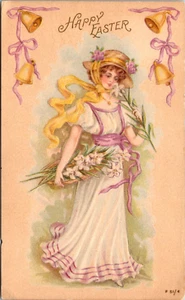 HAPPY EASTER - BEAUTIFUL WOMAN & FLOWERS - ROTOGRAPH EMBOSSED POSTCARD - Picture 1 of 2