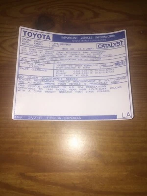 Toyota 1990 camioneta/4runner emisiones calcomanía repro pegatina alimentada 3VZ-E V6 #LA Foto 1 de 2