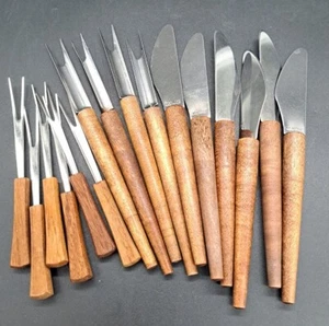 Vintage OOAK MCM 16 Pc Charcuterie Wood Block Cocktail Forks Spreaders Set DAL - Picture 1 of 6