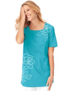 (NWT) BLAIR Short Sleeve Square Neck ANYTIME TUNIC Top 2XL Tile Blue Floral - Picture 1 of 2