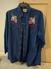 Ely Cattleman Mens Western Shirt Sz XL Embroidered Eagle And Flag Snap Button