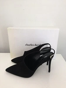 NWB CHARLES DAVID SASS SUEDE BLACK HEELS SHOES SIZE 39.5 MADE IN ITALY - Picture 1 of 7