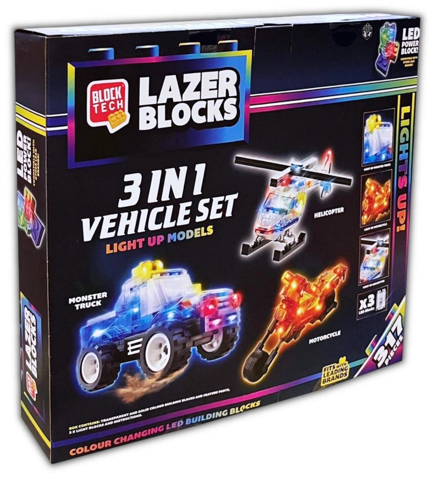 BLOCK TECH LAZER BLOCKS Lazer Blocks Monster 3in1 Truck Helicopter LED Light Up Building Playset Age 6+