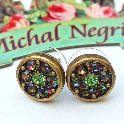 Michal Negrin Post Earrings Art Deco Round Aurora & Swarovski Crystals Gift New - Image 1 of 4