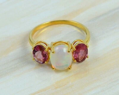 Opal & Tourmaline Natural Oval Gemstone Solid 14K Yellow Gold Anniversary Ring - Image 1 of 4